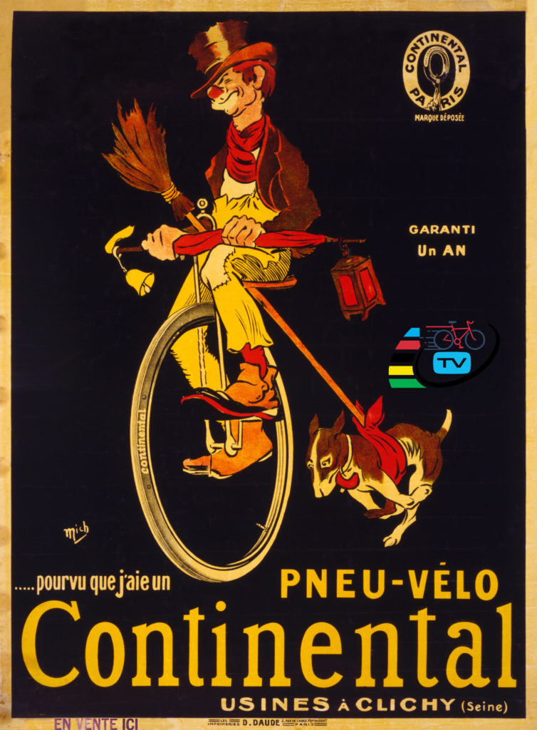 Continental lastiklerinin reklam afişi, tek tekerlekli bisikletli 1900'lü yıllar.
